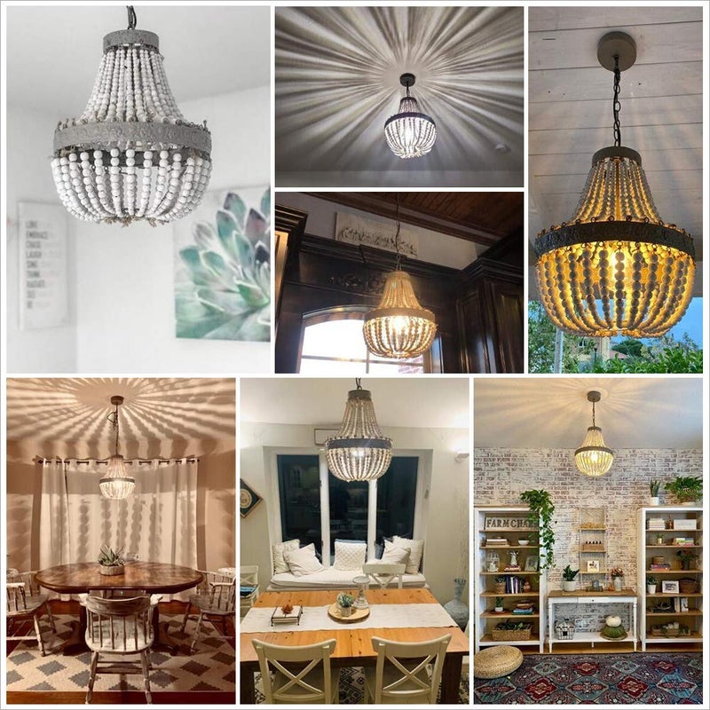 Newrays Wood Bead Chandelier Pendant Bohemian Boho Beachy Ceiling Lamp Light Fixtures (Gray White-Small, 13.58 in*15.74 in) - Image 4